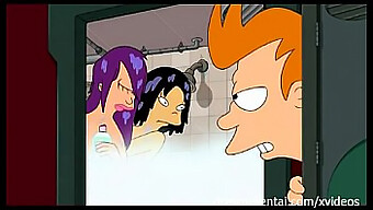 Cartoon threesome with Futurama's Amy in a shower